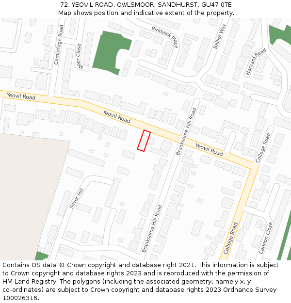 72, YEOVIL ROAD, OWLSMOOR, SANDHURST, GU47 0TE: Location map and indicative extent of plot