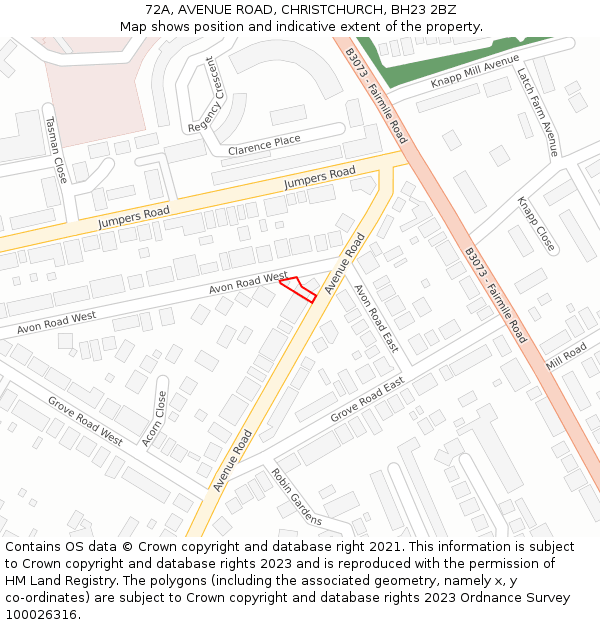 72A, AVENUE ROAD, CHRISTCHURCH, BH23 2BZ: Location map and indicative extent of plot
