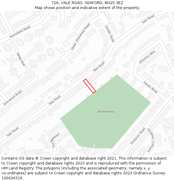 72A, VALE ROAD, SEAFORD, BN25 3EZ: Location map and indicative extent of plot