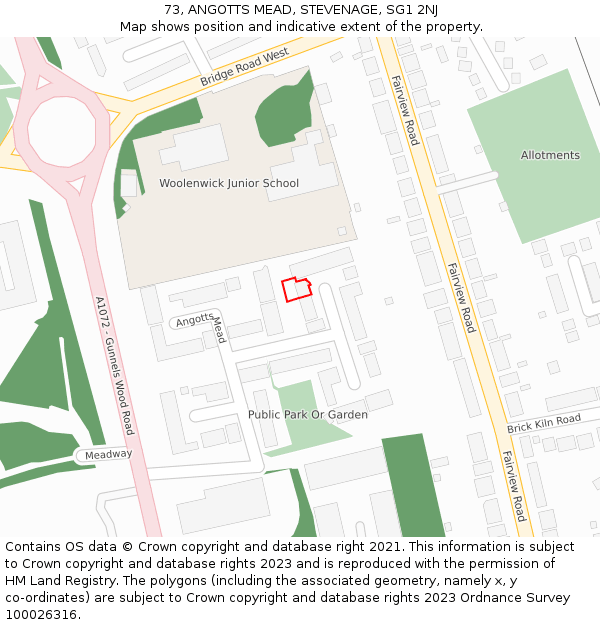 73, ANGOTTS MEAD, STEVENAGE, SG1 2NJ: Location map and indicative extent of plot