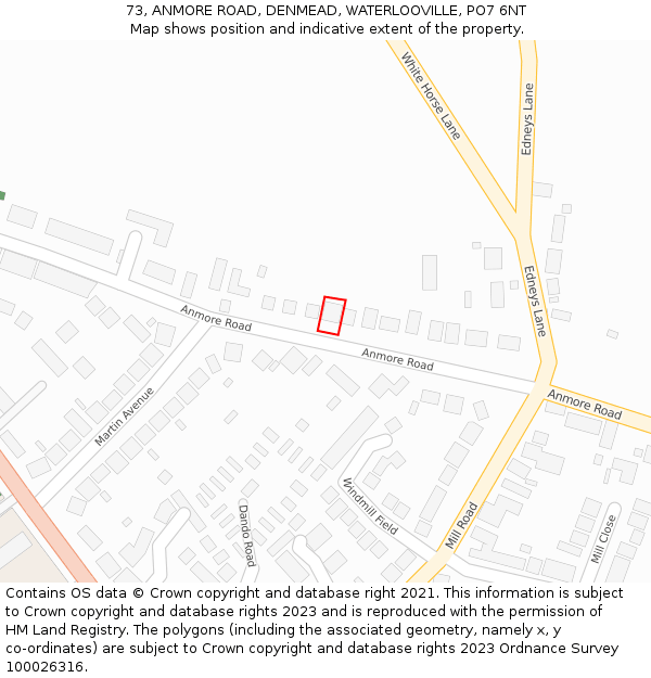 73, ANMORE ROAD, DENMEAD, WATERLOOVILLE, PO7 6NT: Location map and indicative extent of plot
