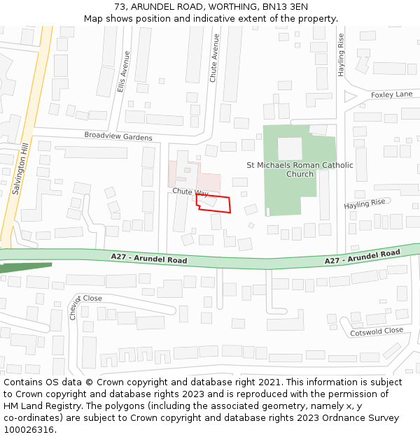 73, ARUNDEL ROAD, WORTHING, BN13 3EN: Location map and indicative extent of plot