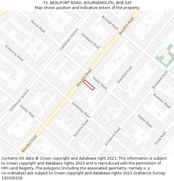 73, BEAUFORT ROAD, BOURNEMOUTH, BH6 5AT: Location map and indicative extent of plot