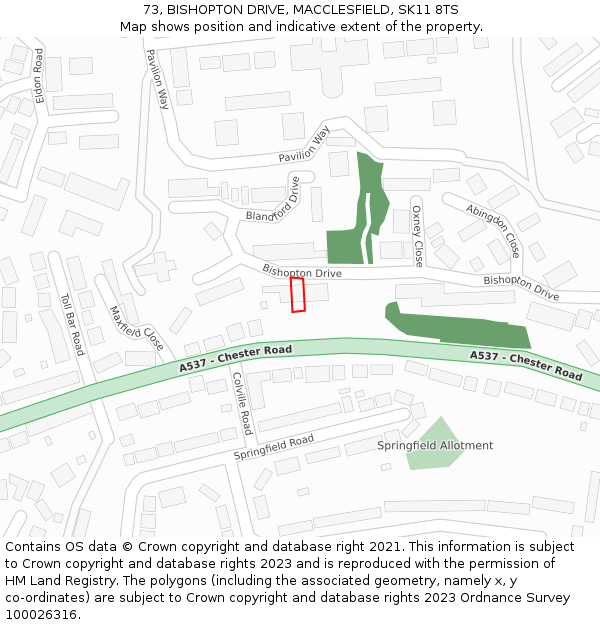 73, BISHOPTON DRIVE, MACCLESFIELD, SK11 8TS: Location map and indicative extent of plot