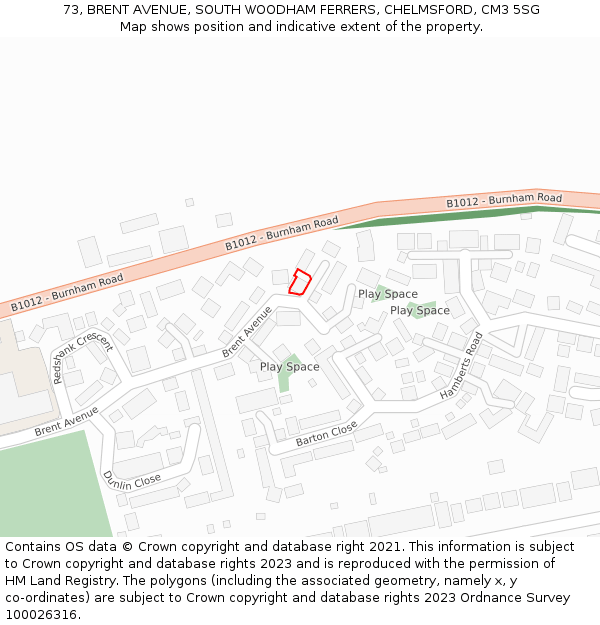 73, BRENT AVENUE, SOUTH WOODHAM FERRERS, CHELMSFORD, CM3 5SG: Location map and indicative extent of plot