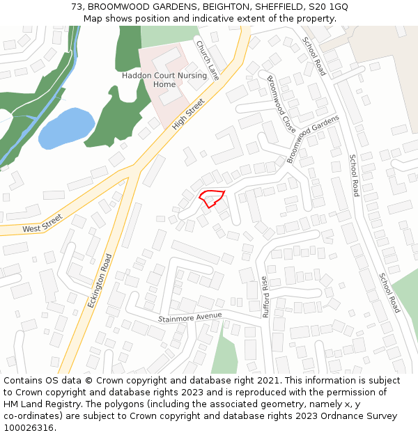 73, BROOMWOOD GARDENS, BEIGHTON, SHEFFIELD, S20 1GQ: Location map and indicative extent of plot