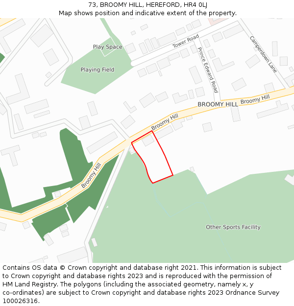73, BROOMY HILL, HEREFORD, HR4 0LJ: Location map and indicative extent of plot