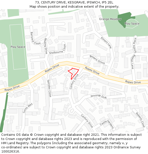 73, CENTURY DRIVE, KESGRAVE, IPSWICH, IP5 2EL: Location map and indicative extent of plot
