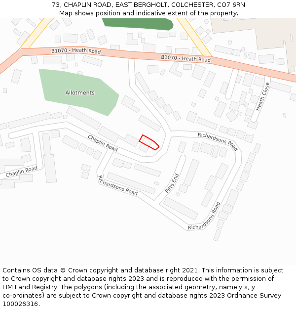 73, CHAPLIN ROAD, EAST BERGHOLT, COLCHESTER, CO7 6RN: Location map and indicative extent of plot