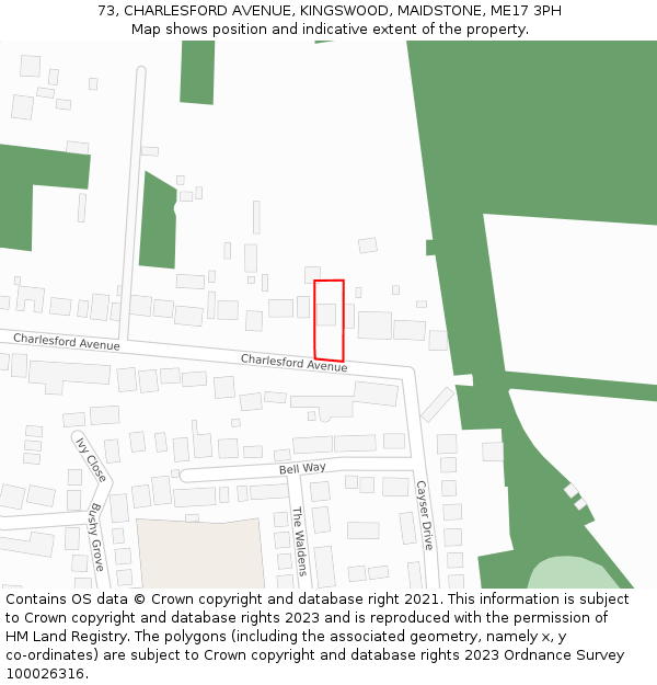 73, CHARLESFORD AVENUE, KINGSWOOD, MAIDSTONE, ME17 3PH: Location map and indicative extent of plot