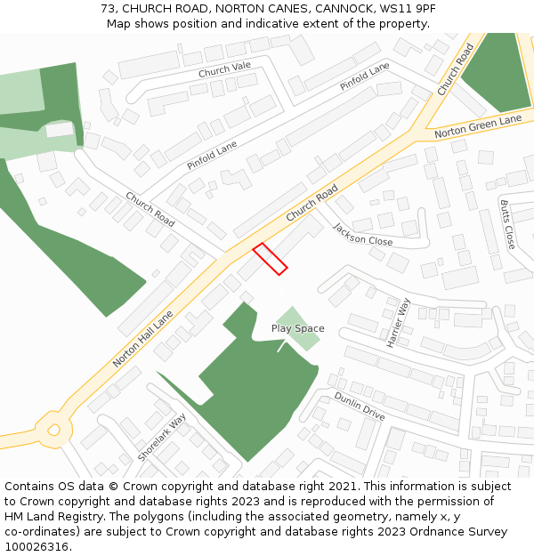 73, CHURCH ROAD, NORTON CANES, CANNOCK, WS11 9PF: Location map and indicative extent of plot