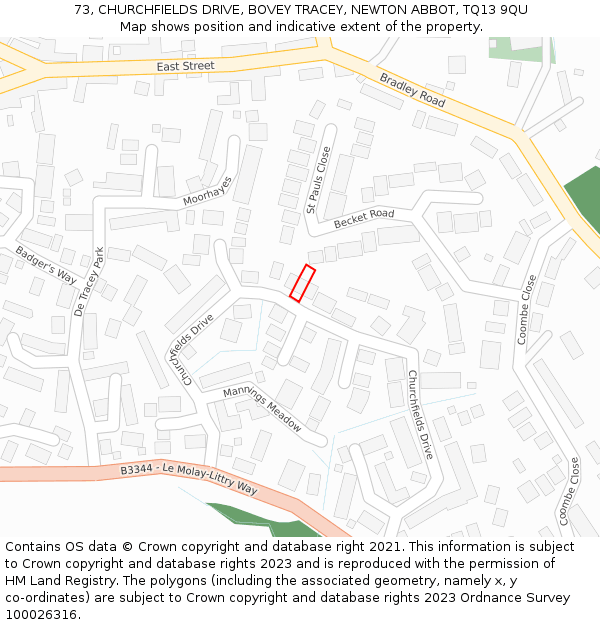 73, CHURCHFIELDS DRIVE, BOVEY TRACEY, NEWTON ABBOT, TQ13 9QU: Location map and indicative extent of plot