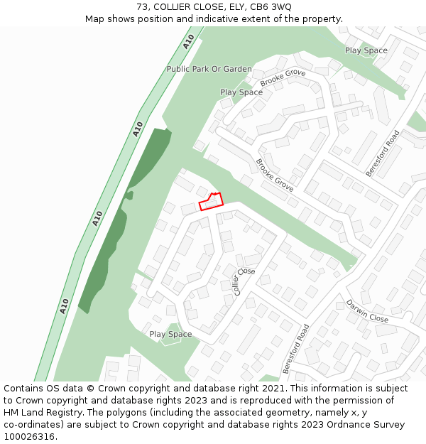 73, COLLIER CLOSE, ELY, CB6 3WQ: Location map and indicative extent of plot