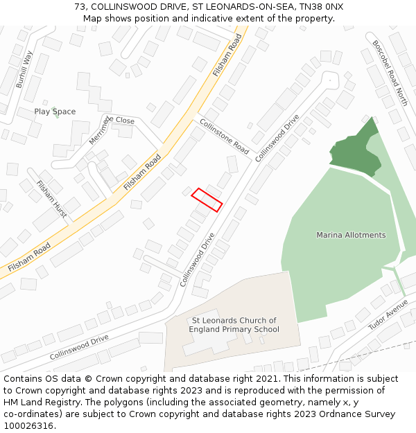 73, COLLINSWOOD DRIVE, ST LEONARDS-ON-SEA, TN38 0NX: Location map and indicative extent of plot