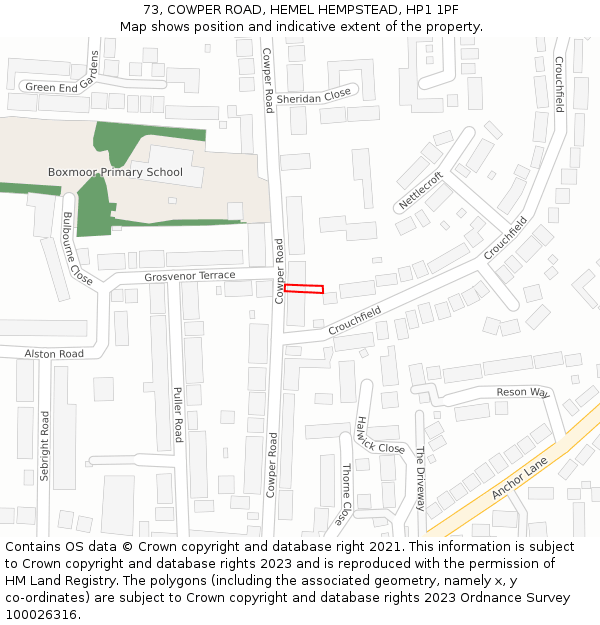 73, COWPER ROAD, HEMEL HEMPSTEAD, HP1 1PF: Location map and indicative extent of plot