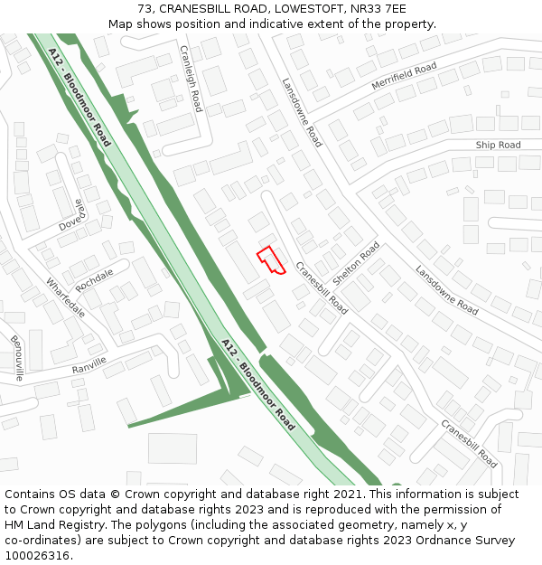 73, CRANESBILL ROAD, LOWESTOFT, NR33 7EE: Location map and indicative extent of plot