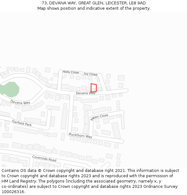 73, DEVANA WAY, GREAT GLEN, LEICESTER, LE8 9AD: Location map and indicative extent of plot