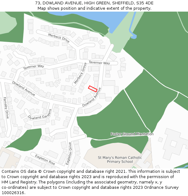73, DOWLAND AVENUE, HIGH GREEN, SHEFFIELD, S35 4DE: Location map and indicative extent of plot