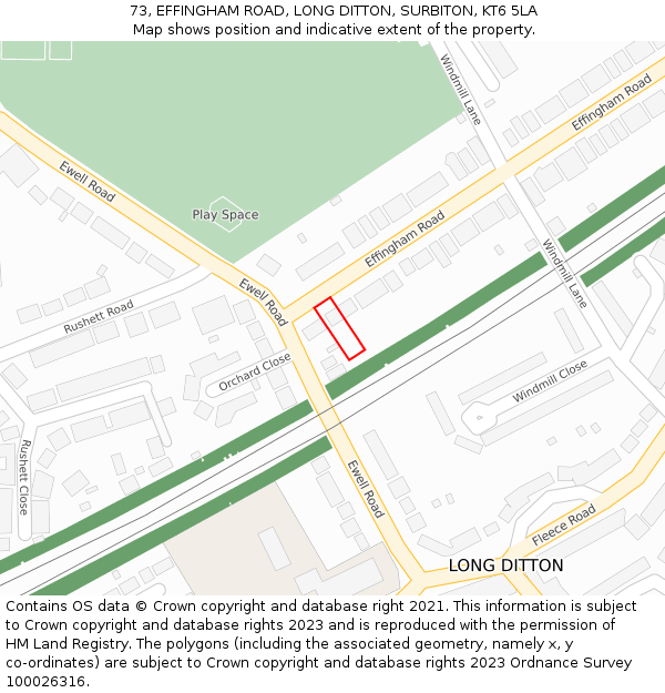 73, EFFINGHAM ROAD, LONG DITTON, SURBITON, KT6 5LA: Location map and indicative extent of plot