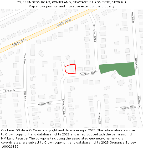73, ERRINGTON ROAD, PONTELAND, NEWCASTLE UPON TYNE, NE20 9LA: Location map and indicative extent of plot