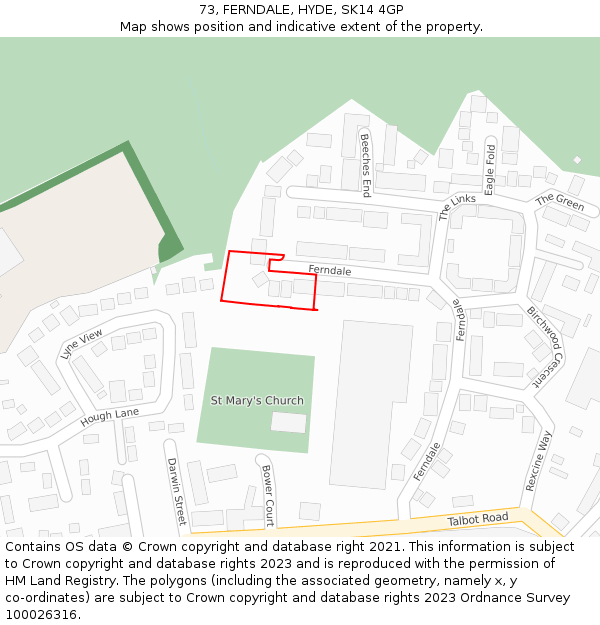 73, FERNDALE, HYDE, SK14 4GP: Location map and indicative extent of plot