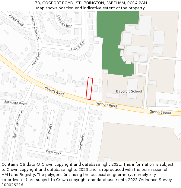 73, GOSPORT ROAD, STUBBINGTON, FAREHAM, PO14 2AN: Location map and indicative extent of plot