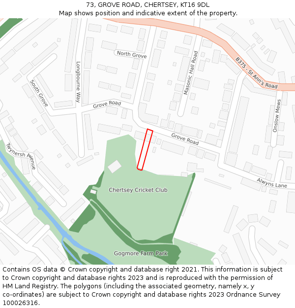 73, GROVE ROAD, CHERTSEY, KT16 9DL: Location map and indicative extent of plot