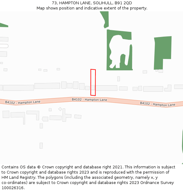 73, HAMPTON LANE, SOLIHULL, B91 2QD: Location map and indicative extent of plot