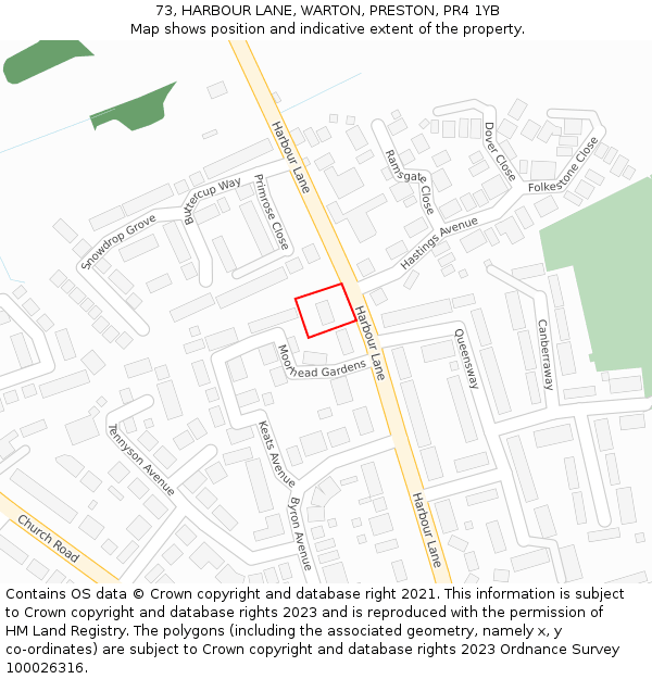 73, HARBOUR LANE, WARTON, PRESTON, PR4 1YB: Location map and indicative extent of plot