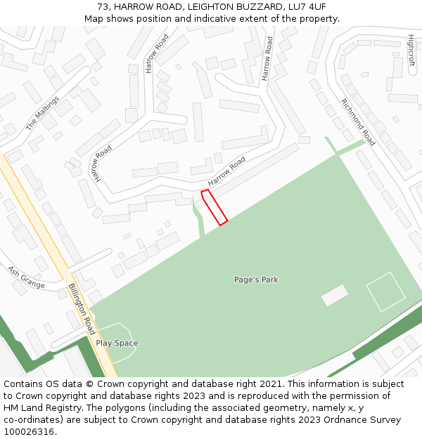 73, HARROW ROAD, LEIGHTON BUZZARD, LU7 4UF: Location map and indicative extent of plot