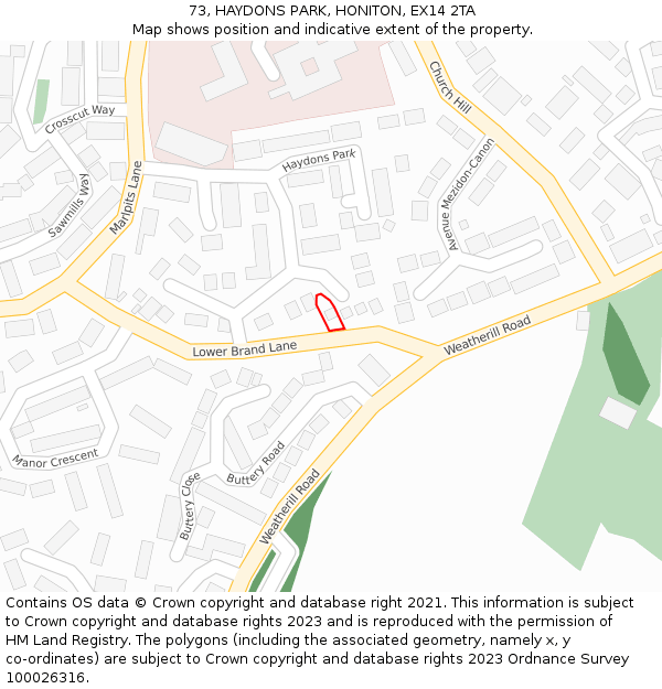 73, HAYDONS PARK, HONITON, EX14 2TA: Location map and indicative extent of plot