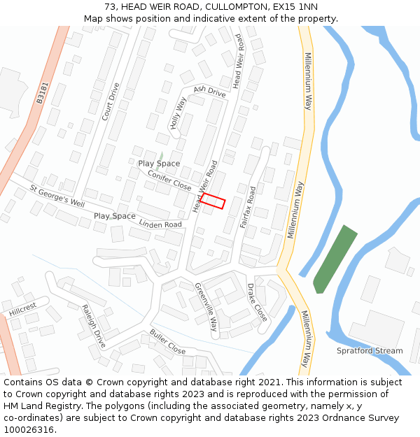 73, HEAD WEIR ROAD, CULLOMPTON, EX15 1NN: Location map and indicative extent of plot