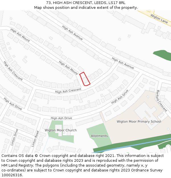 73, HIGH ASH CRESCENT, LEEDS, LS17 8RL: Location map and indicative extent of plot