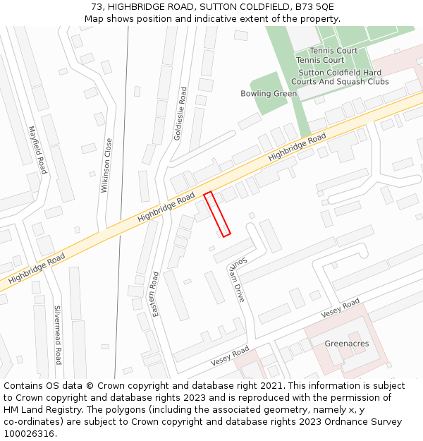 73, HIGHBRIDGE ROAD, SUTTON COLDFIELD, B73 5QE: Location map and indicative extent of plot