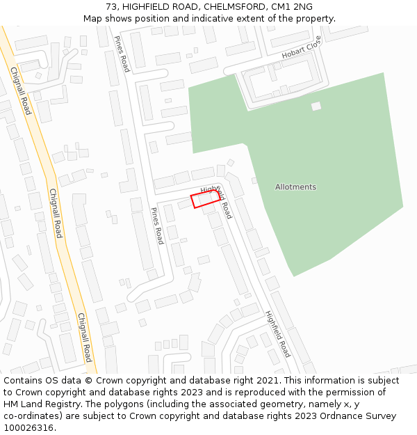 73, HIGHFIELD ROAD, CHELMSFORD, CM1 2NG: Location map and indicative extent of plot