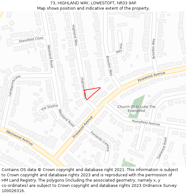 73, HIGHLAND WAY, LOWESTOFT, NR33 9AP: Location map and indicative extent of plot