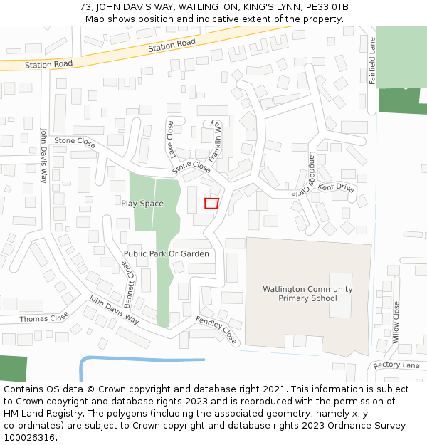 73, JOHN DAVIS WAY, WATLINGTON, KING'S LYNN, PE33 0TB: Location map and indicative extent of plot