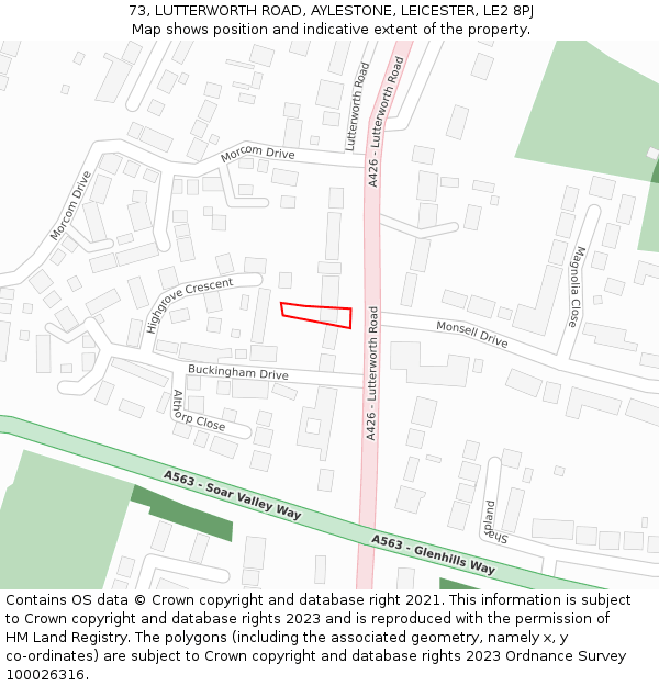 73, LUTTERWORTH ROAD, AYLESTONE, LEICESTER, LE2 8PJ: Location map and indicative extent of plot