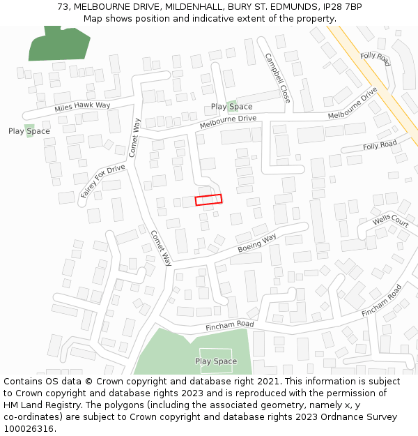 73, MELBOURNE DRIVE, MILDENHALL, BURY ST. EDMUNDS, IP28 7BP: Location map and indicative extent of plot