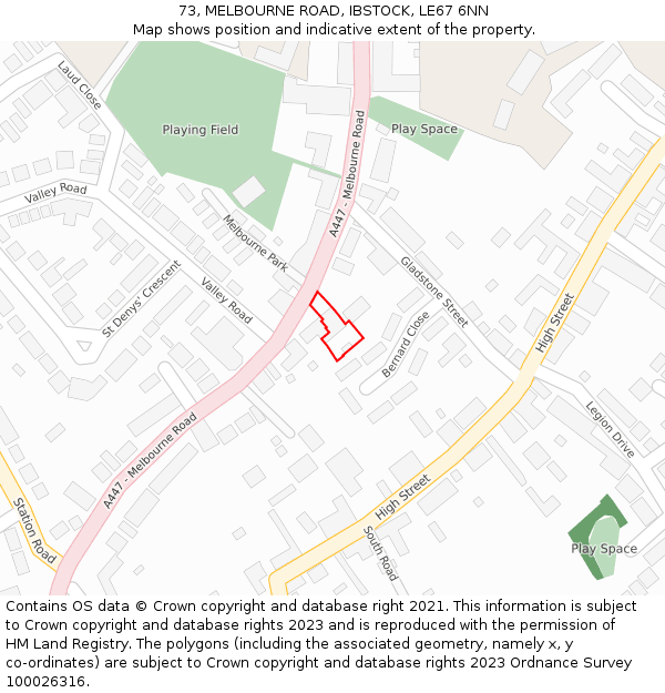 73, MELBOURNE ROAD, IBSTOCK, LE67 6NN: Location map and indicative extent of plot