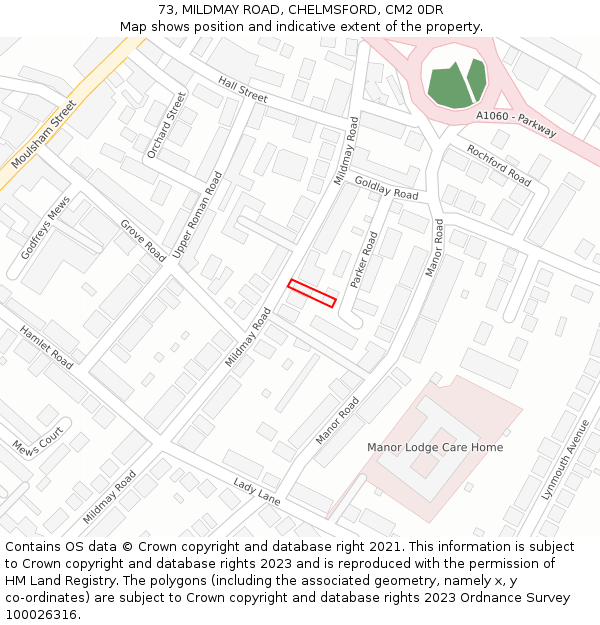 73, MILDMAY ROAD, CHELMSFORD, CM2 0DR: Location map and indicative extent of plot