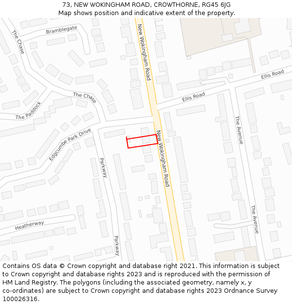 73, NEW WOKINGHAM ROAD, CROWTHORNE, RG45 6JG: Location map and indicative extent of plot