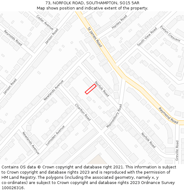 73, NORFOLK ROAD, SOUTHAMPTON, SO15 5AR: Location map and indicative extent of plot