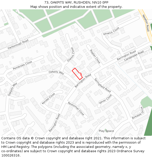 73, OAKPITS WAY, RUSHDEN, NN10 0PP: Location map and indicative extent of plot