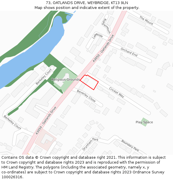 73, OATLANDS DRIVE, WEYBRIDGE, KT13 9LN: Location map and indicative extent of plot
