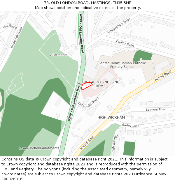 73, OLD LONDON ROAD, HASTINGS, TN35 5NB: Location map and indicative extent of plot