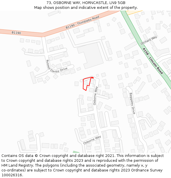 73, OSBORNE WAY, HORNCASTLE, LN9 5GB: Location map and indicative extent of plot