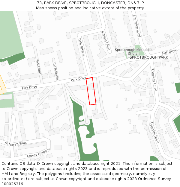 73, PARK DRIVE, SPROTBROUGH, DONCASTER, DN5 7LP: Location map and indicative extent of plot