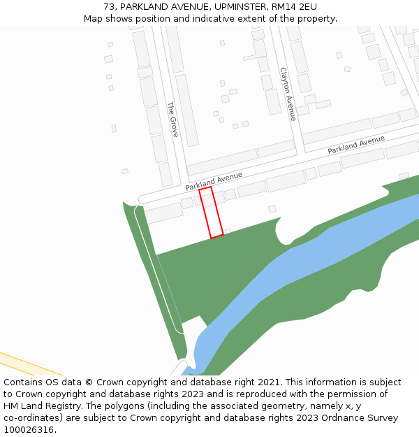 73, PARKLAND AVENUE, UPMINSTER, RM14 2EU: Location map and indicative extent of plot