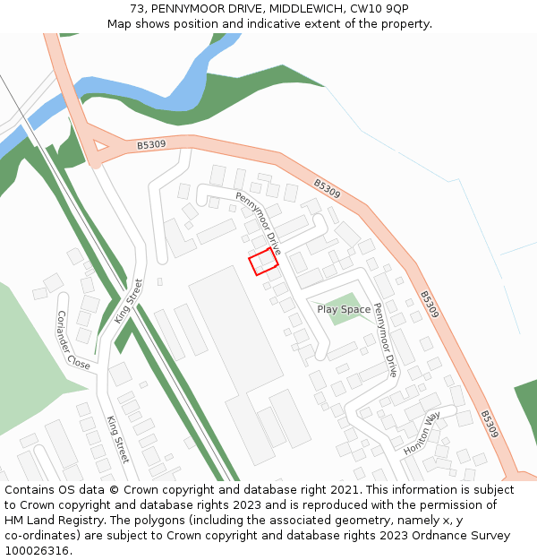 73, PENNYMOOR DRIVE, MIDDLEWICH, CW10 9QP: Location map and indicative extent of plot